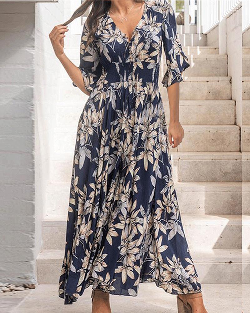 

Floral Print Bell Sleeve V-Neck Shirred Maxi Dress, Blue