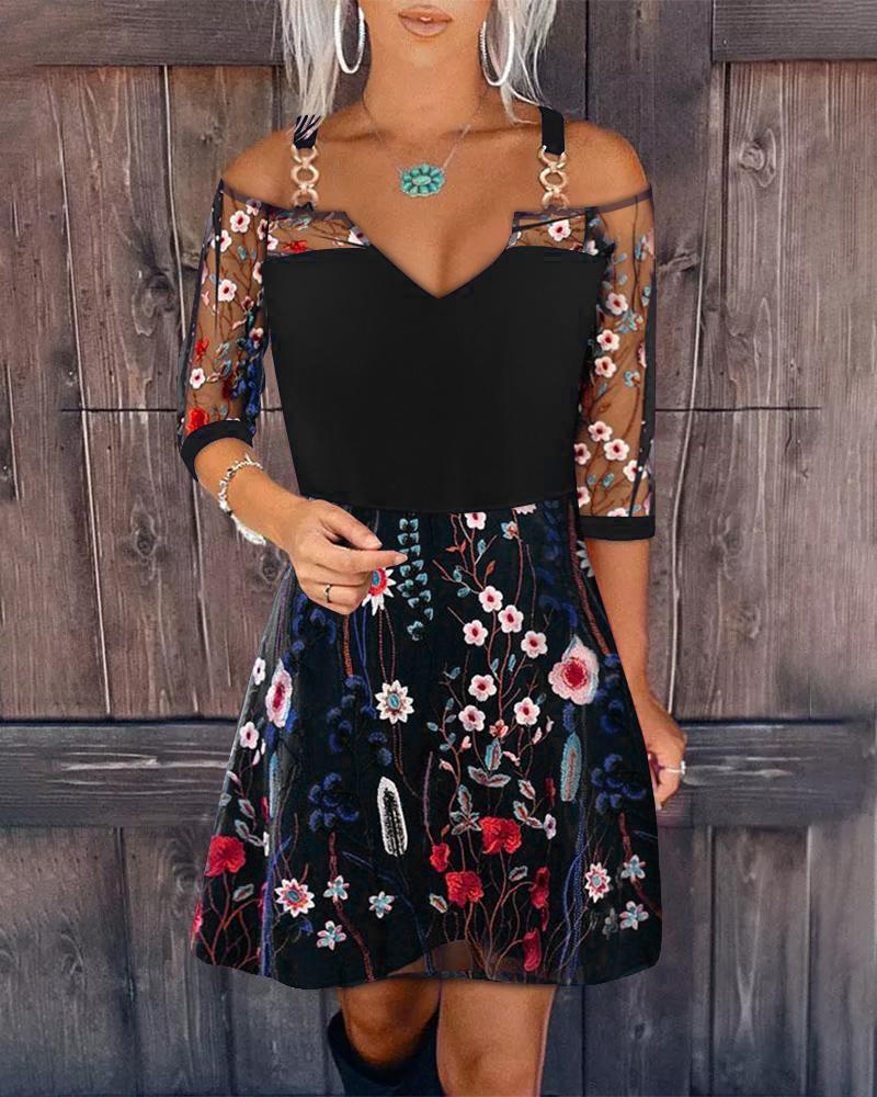 

Floral Print Contrast Mesh Cold Shoulder Casual Dress, Black