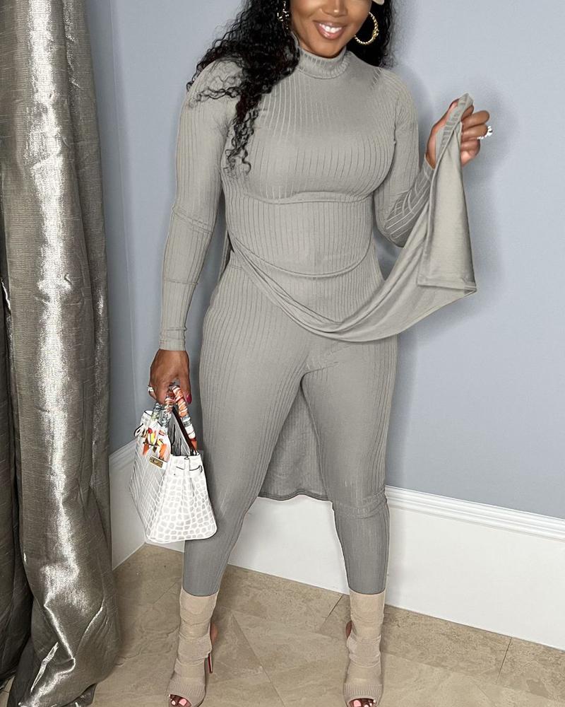 

Ribbed Split Hem Longline Top & Pants Set, Gray