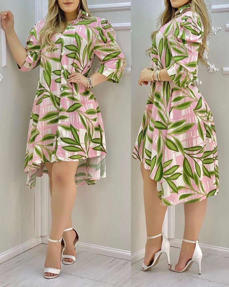 

PlantsPrint Button Design Shirt Dress, Multicolor