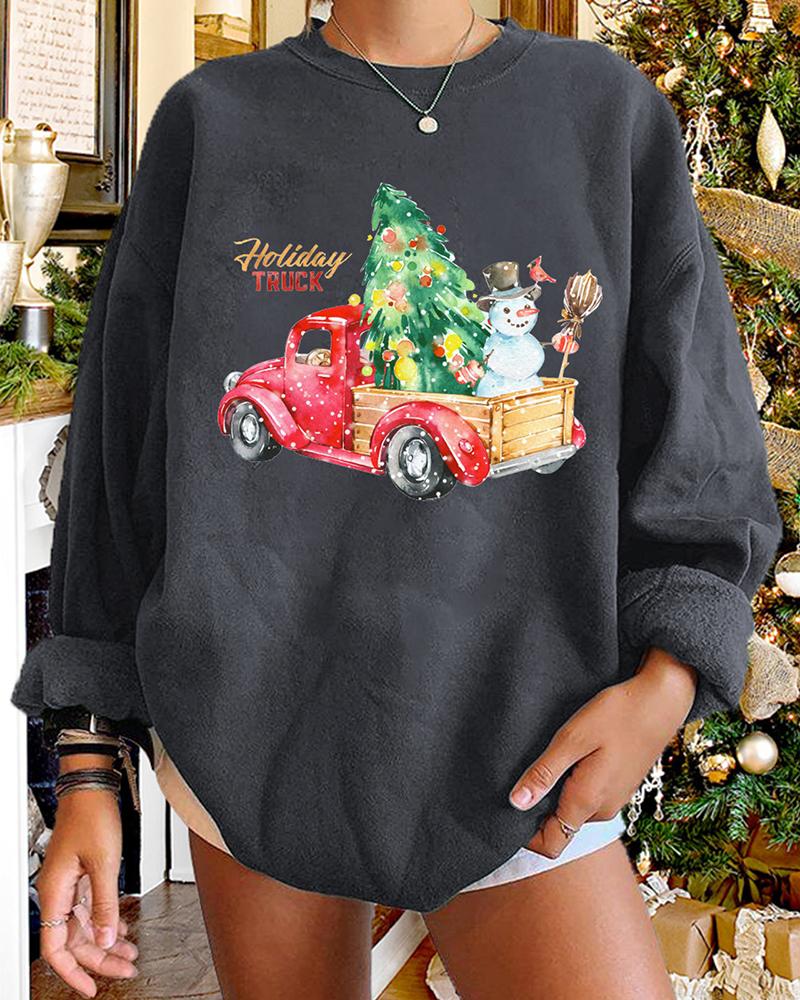 

Christmas Long Sleeve Letter Snowman Car Tree Print Sweatshirt, Gray