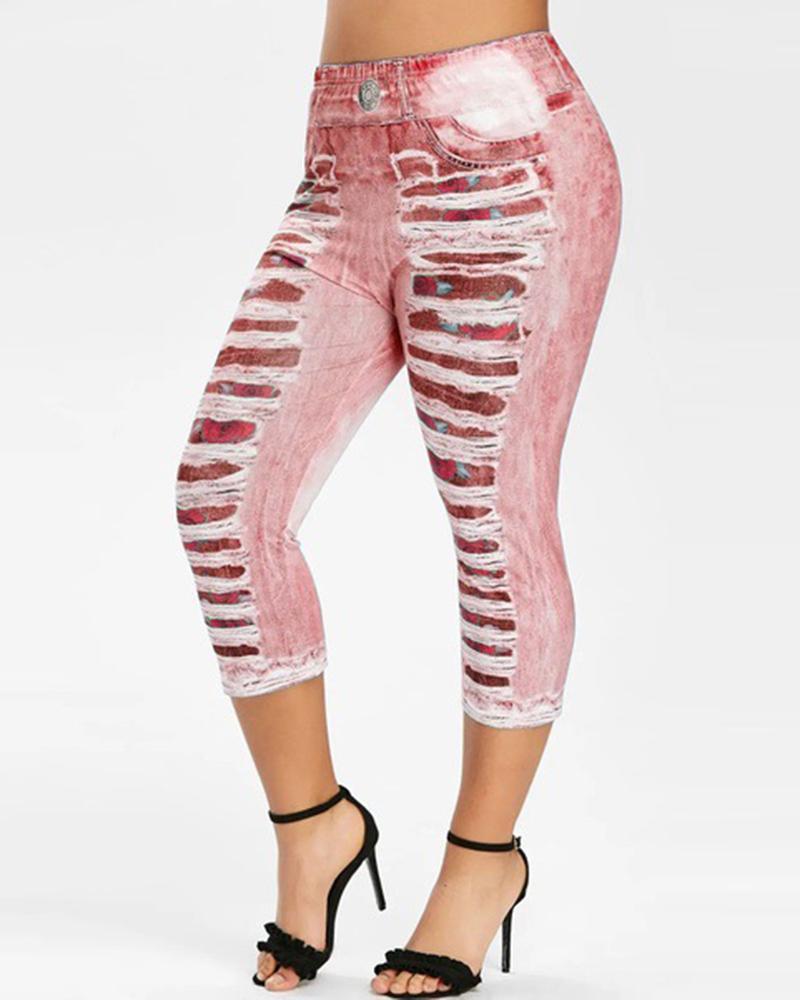 

Denim Look Floral Print Ripped Sports Leggings, Pink