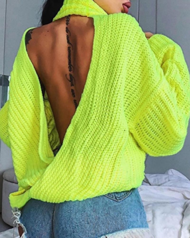 

Plain Long Sleeve Backless Sweater, Yellow