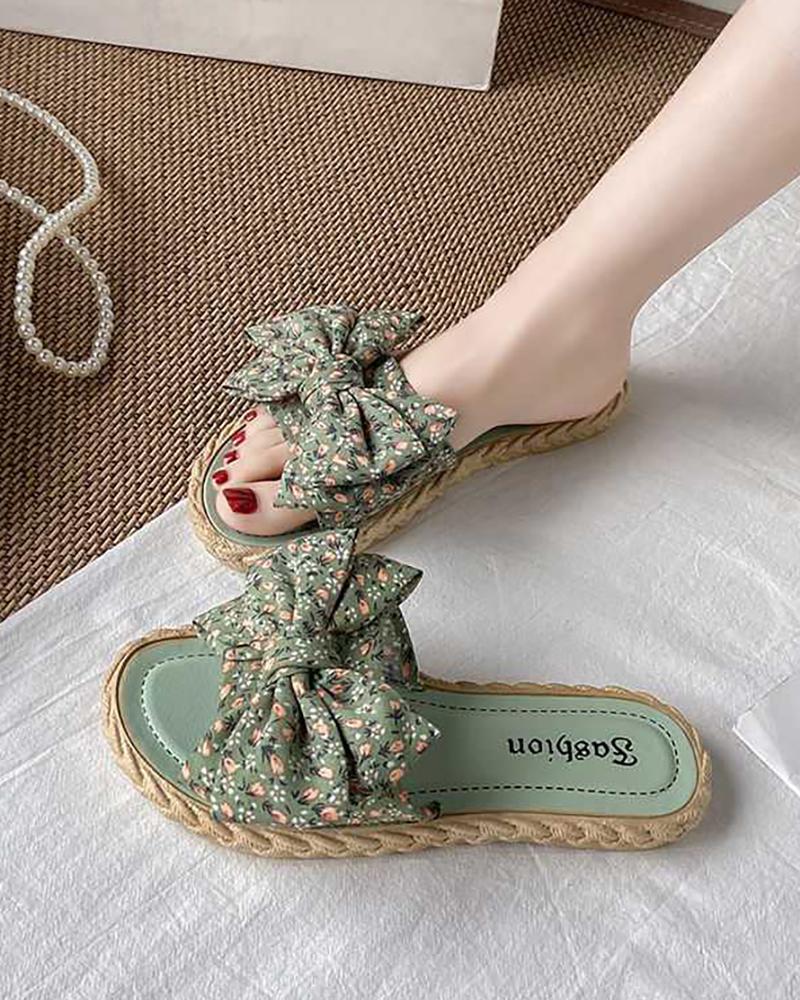 

Bowknot Decor Ditsy Floral Print Slippers, Green
