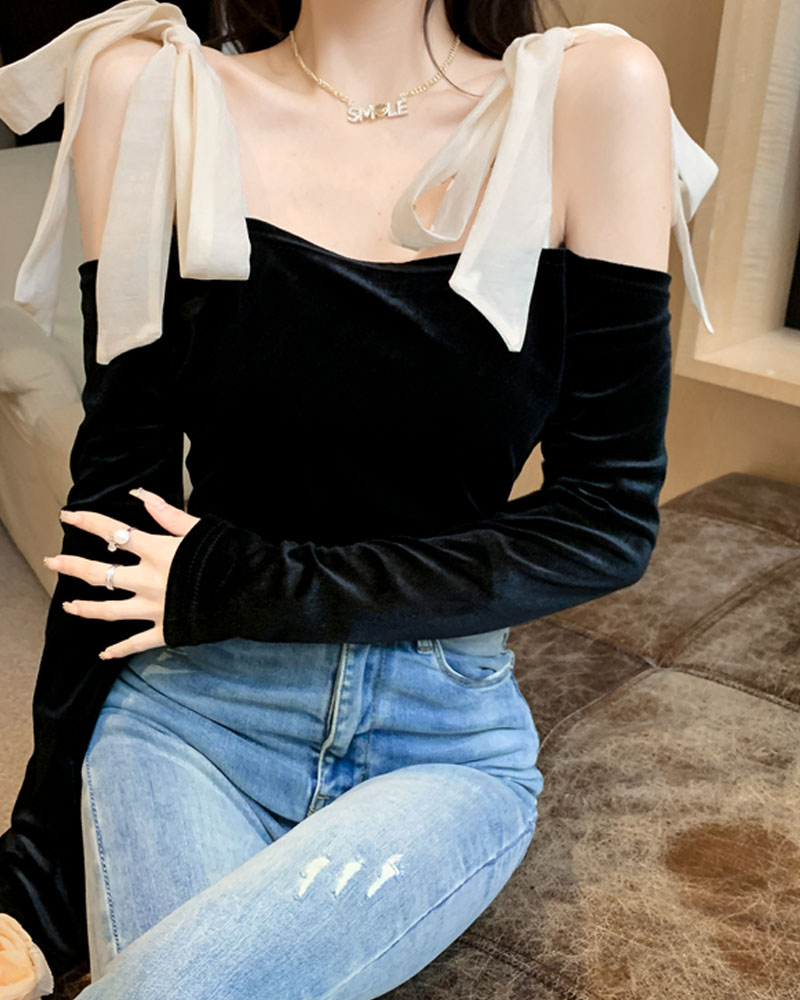 

Velvet Bowknot Cold Shoulder Long Sleeve Top, Black