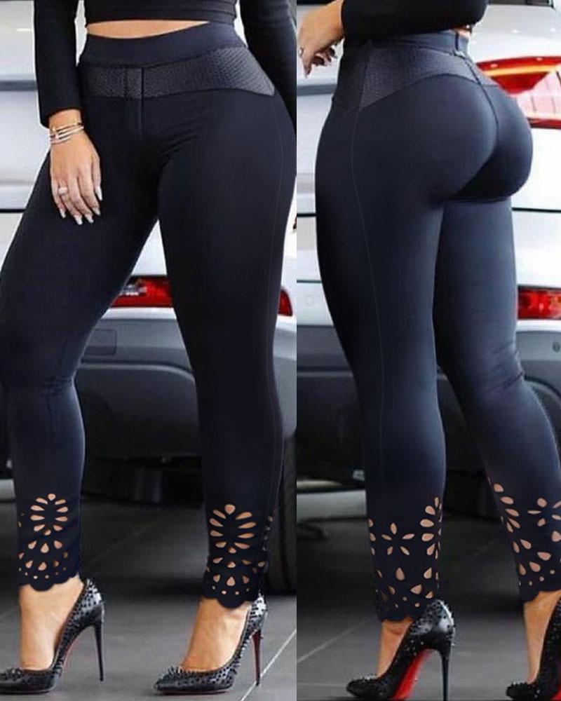 

Plus Size Hollow Out High Waist Skinny Pants, Black