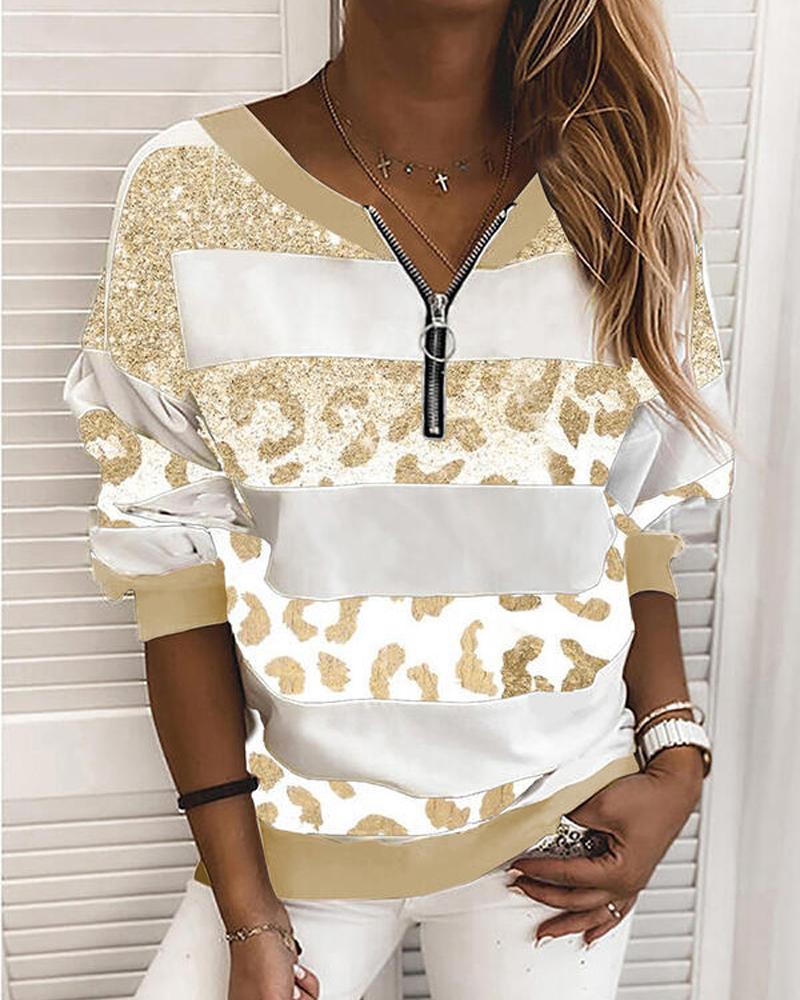 

Striped Glitter Print Zip Front Long Sleeve Top, Yellow