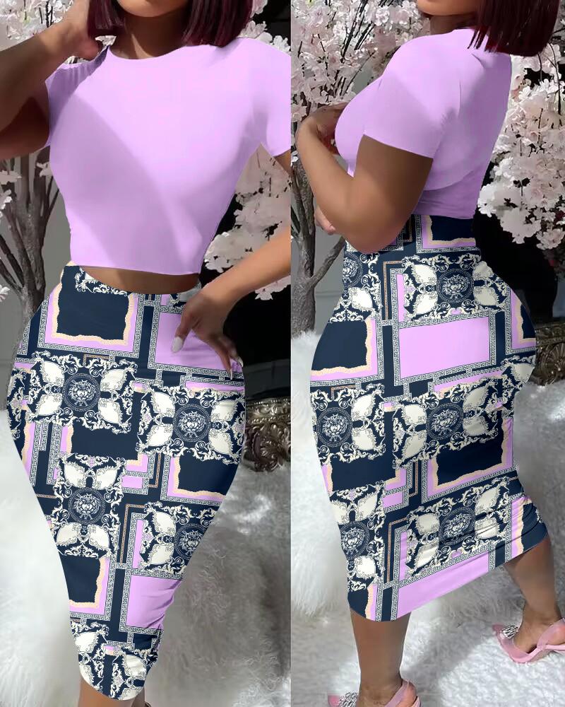 

Short Sleeve Top & Scarf Print High Waist Skirt Set, Purple