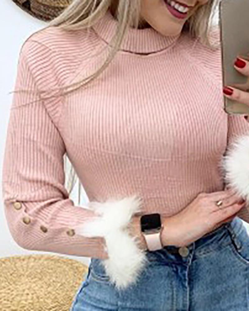 

Mock Neck Ribbed Popper Cuff Fluffy Fur Insert Blouse, Pink