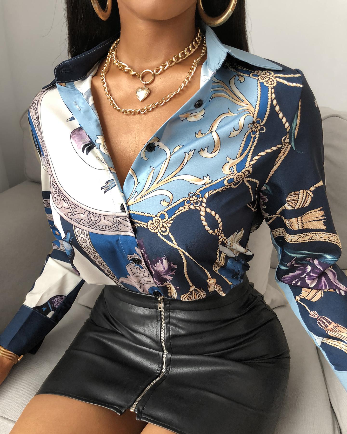 

Bird Scarf Print Long Sleeve Shirt, Dark blue