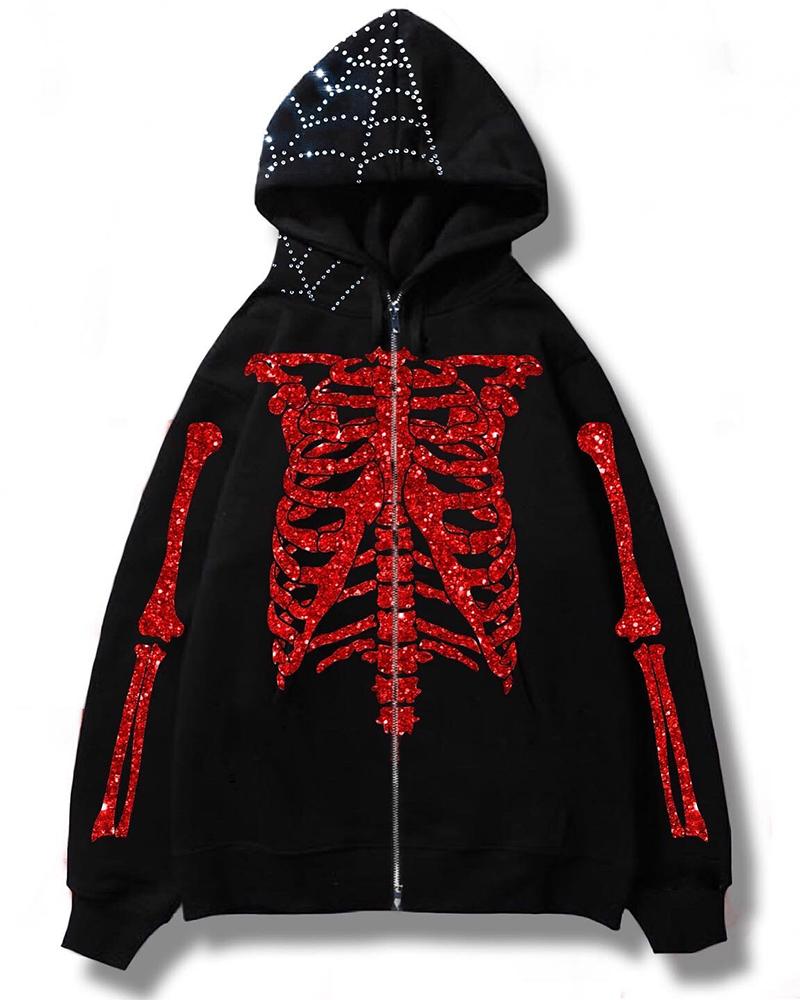 

Halloween Rhinestone Skeleton Print Hoooded Sweatshirt, Red