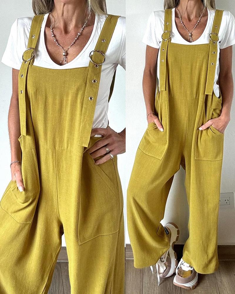 

Eyelet Pocket Design Suspender Jumpsuit, Yellow