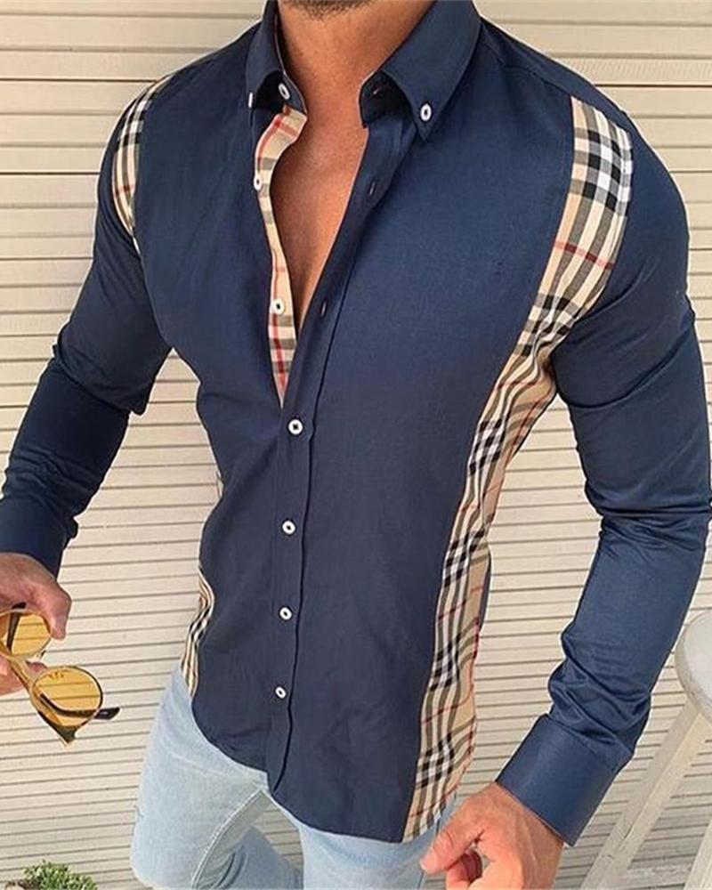 

Solid Color Splicing Check Print Long Sleeve Shirt, Blue