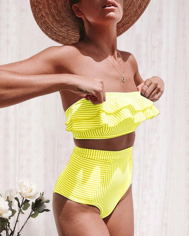 

Layered Ruffles Striped Bandeau High Waist Bikini Set, Yellow