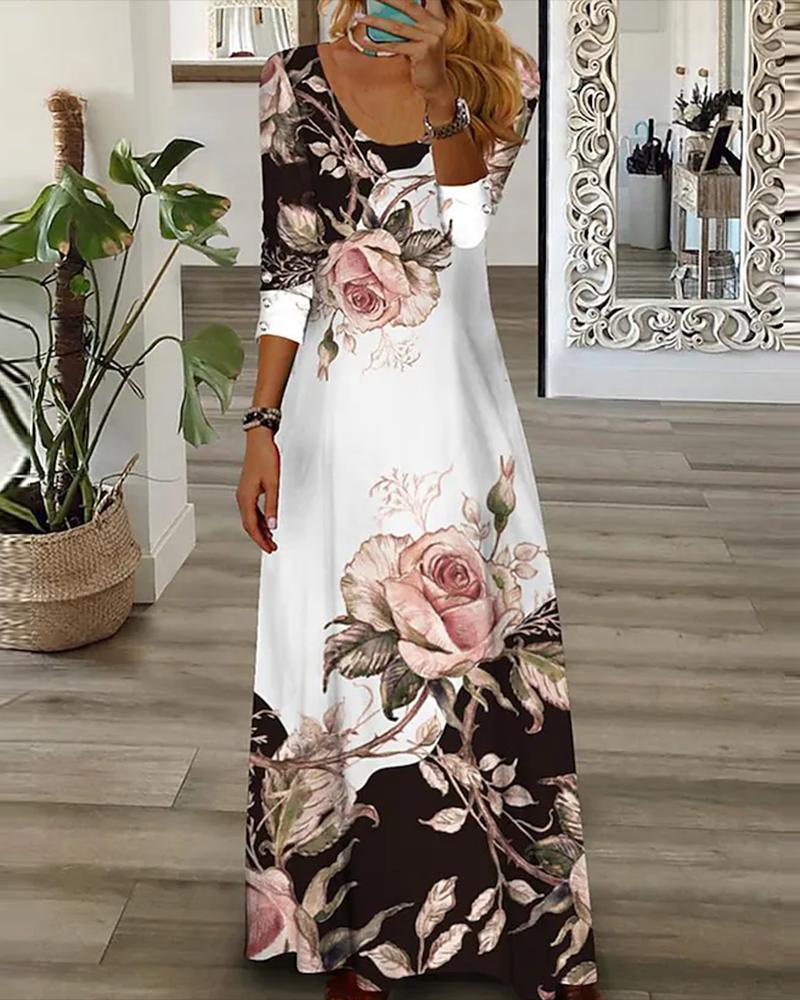 Vestido maxi casual acampanado con cuello redondo y estampado floral para mujer