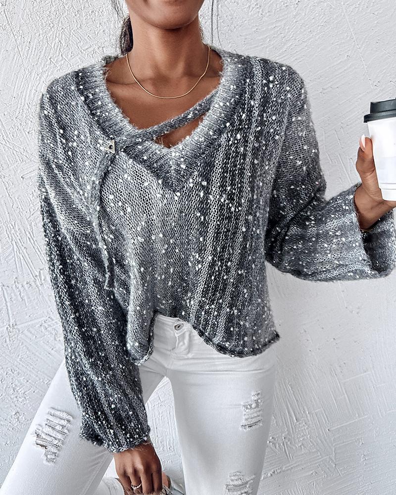 

Ombre V-Neck Contrast Sequin Drop Shoulder Knit Sweater, Dark grey