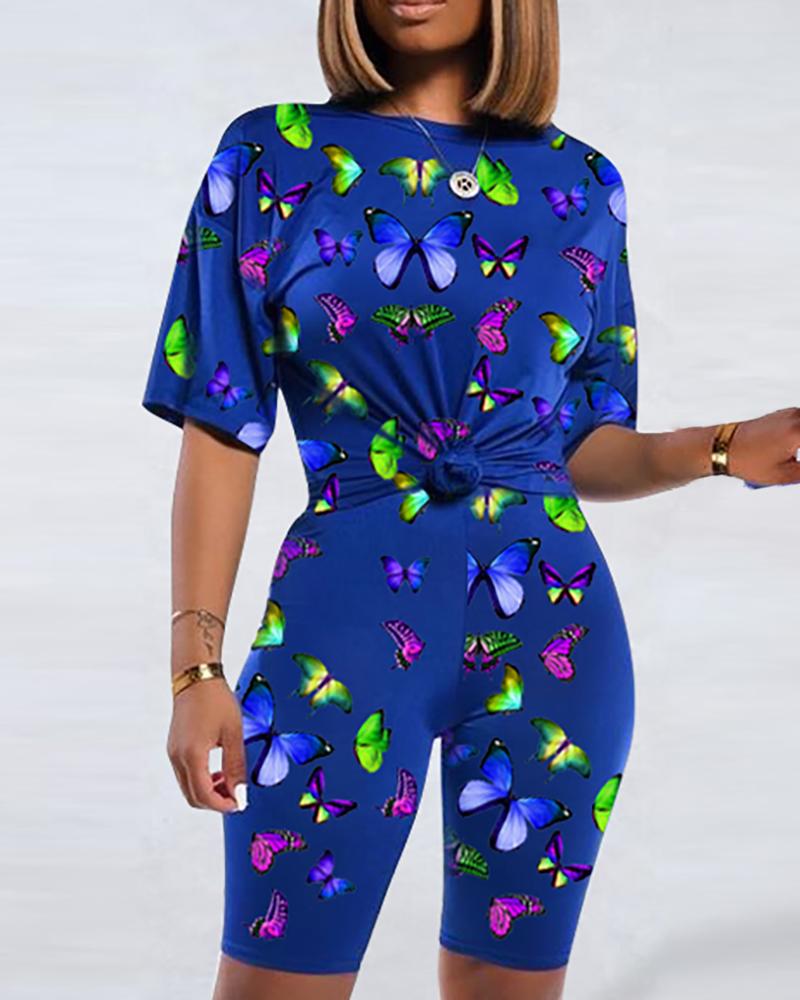 

Short Sleeve Butterfly Printed Top & Short Sets, Blue