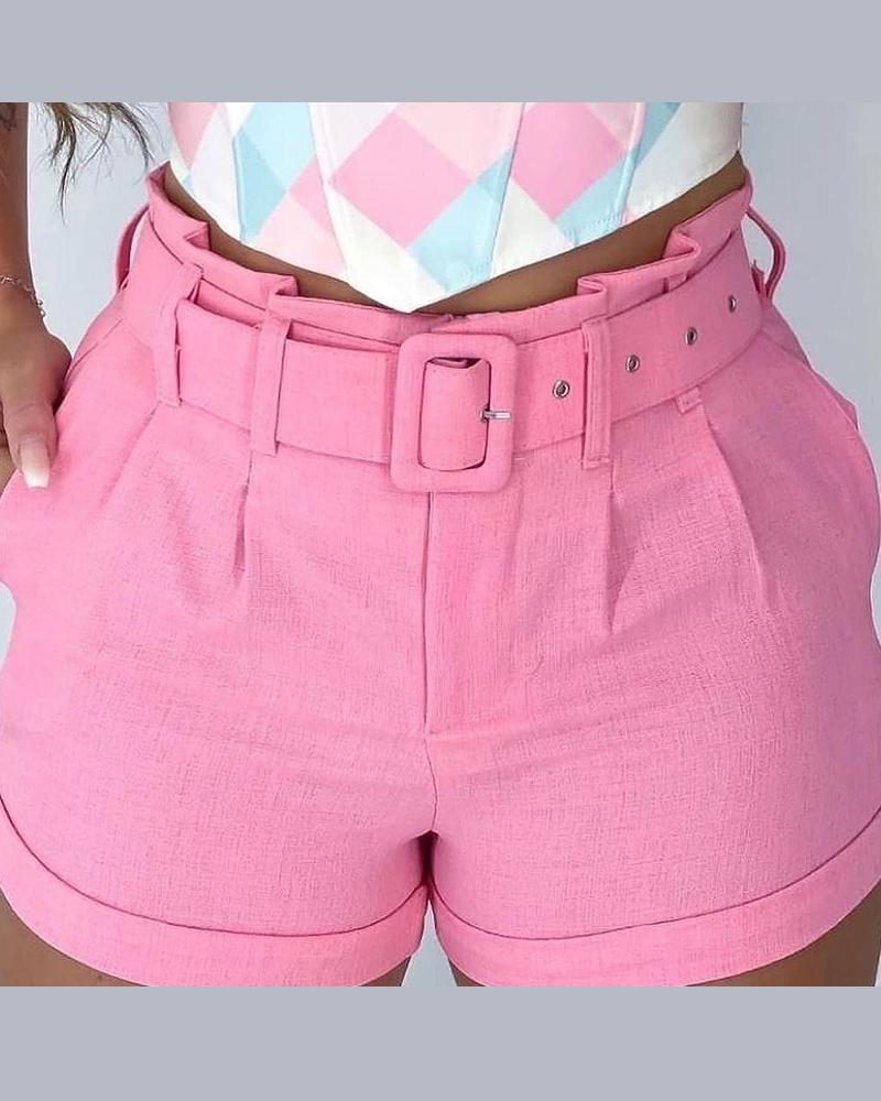 

Ruched Pocket Design Shorts With Belt, Hot pink