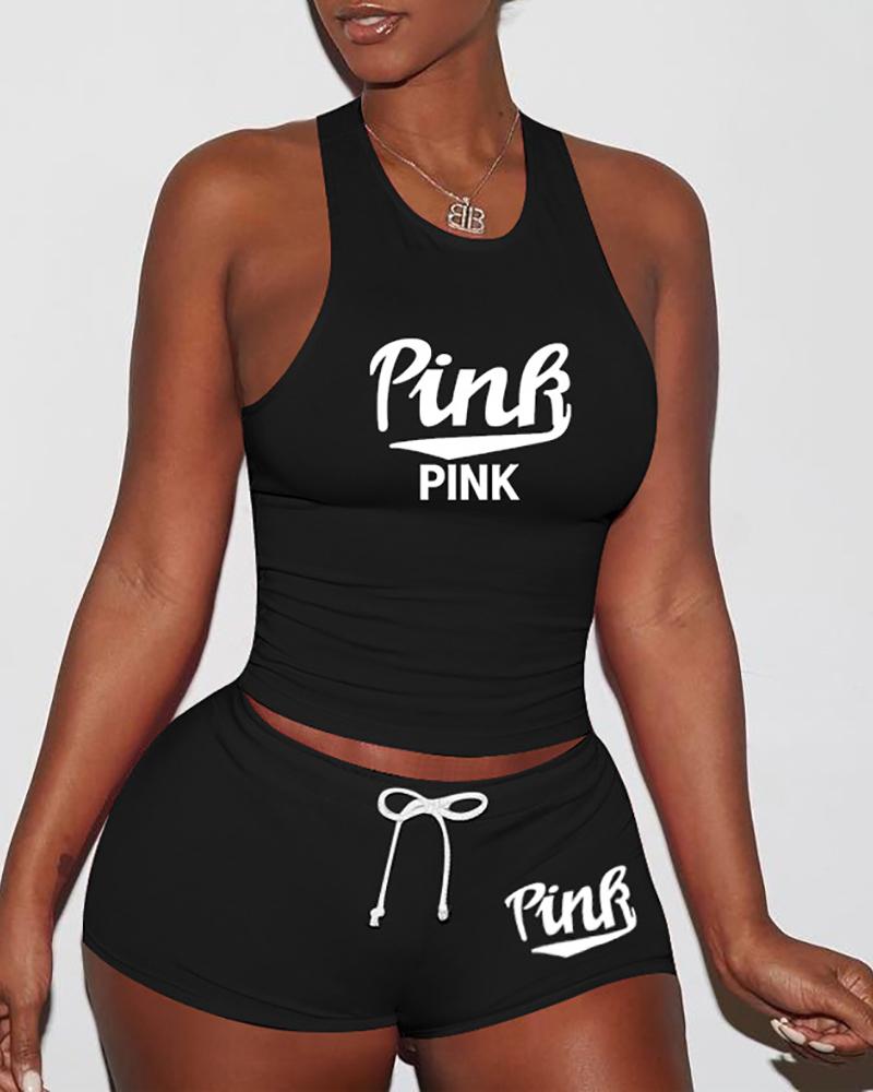 

Letter Print Tank Top & Drawstring Shorts Set, Black