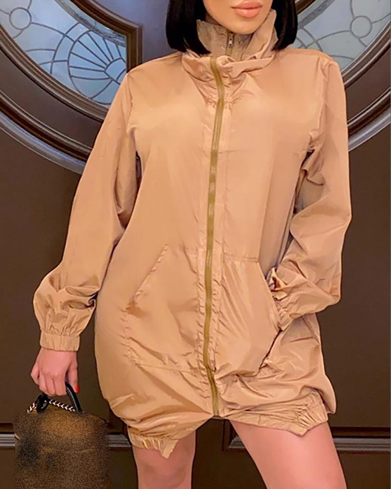 

Long Sleeve Pocket Zipper Design Slit Casual Dress, Khaki
