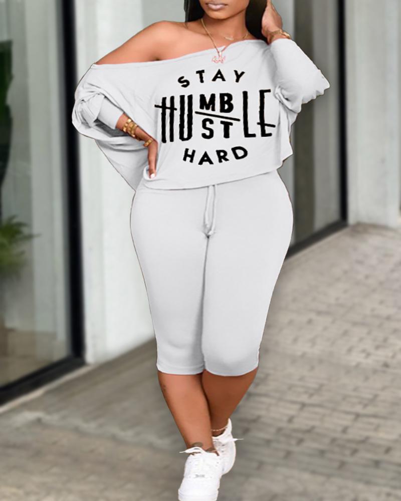 

Plus Size Stay Humble Hustle Hard Print Top & Drawstring Pants Set, White