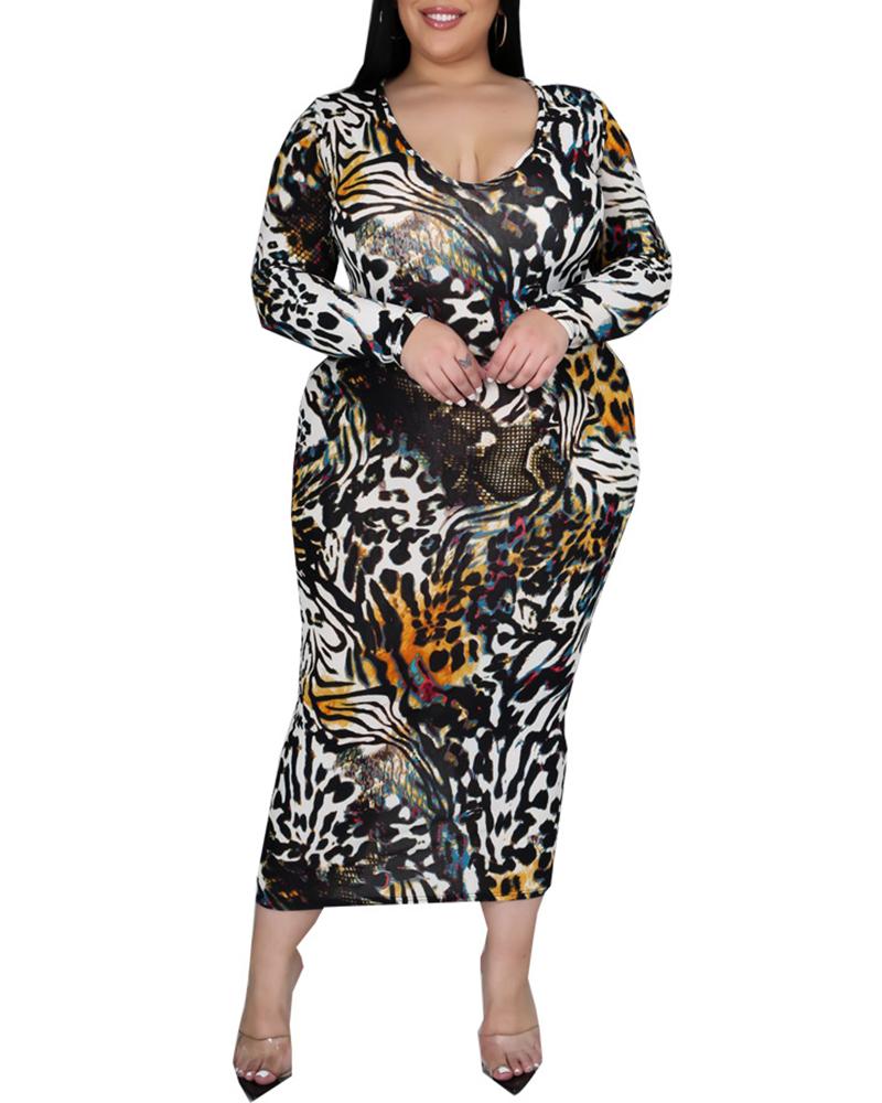 

Leopard Print Long Sleeve Maxi Dress, Multicolor