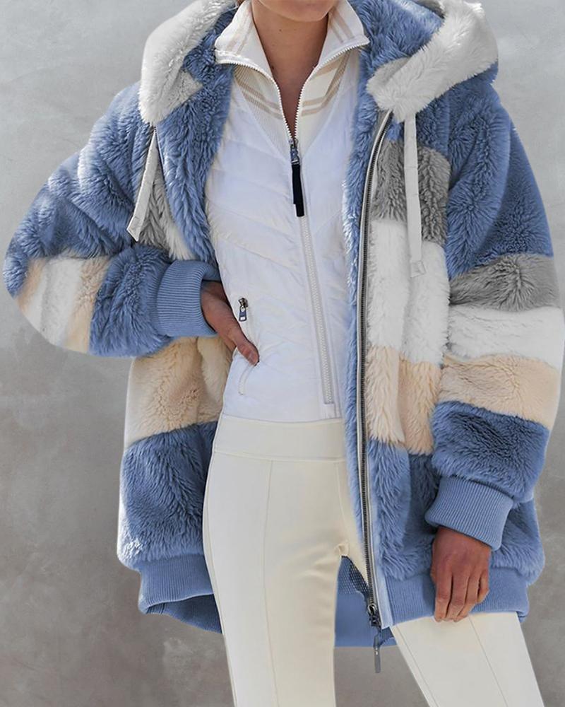 

Colorblock Zip Front Pocket Design Hooded Teddy Coat, Blue