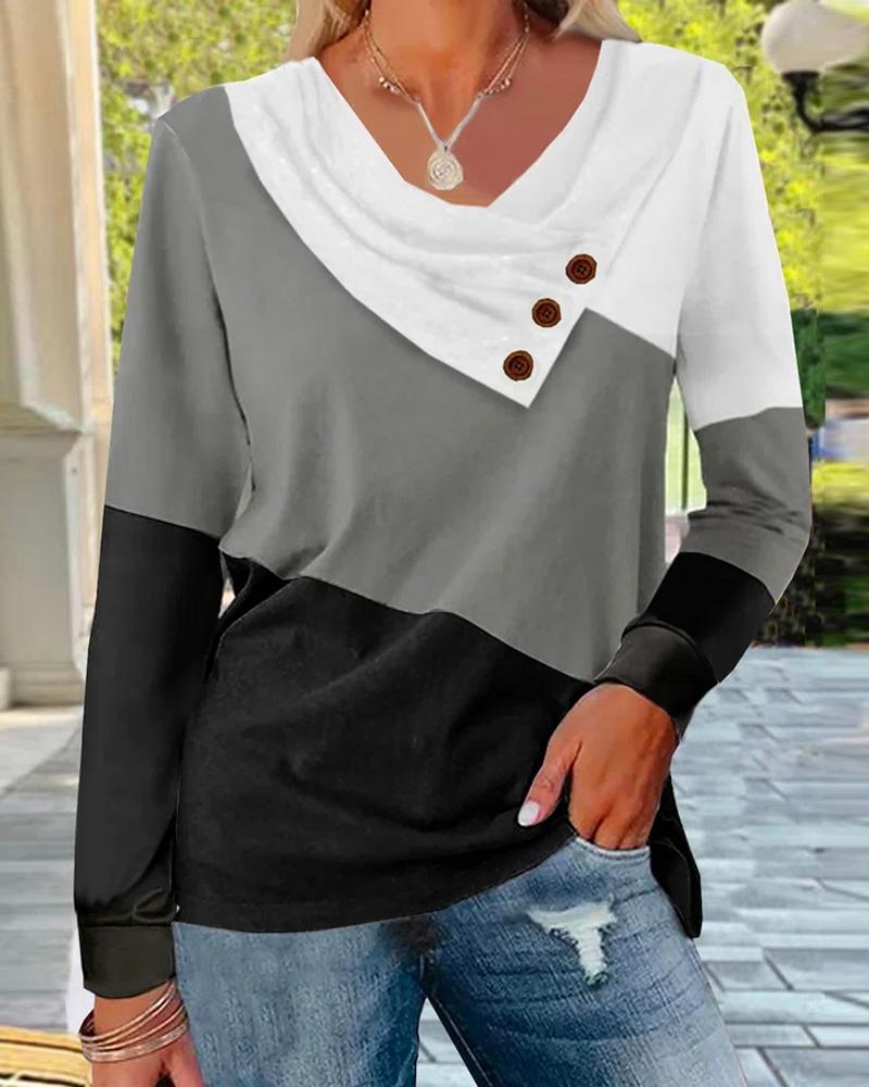 

Colorblock Button Decor Long Sleeve Top, Gray