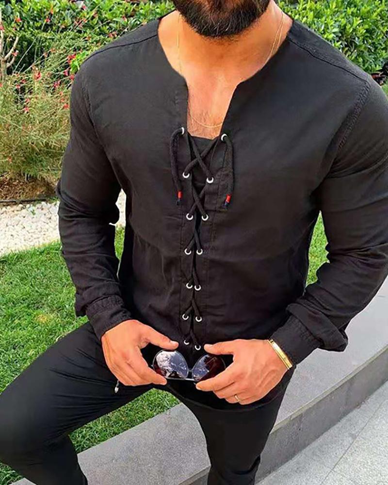 

Men Plus Size Eyelet Lace-up Long Sleeve Shirt, Black