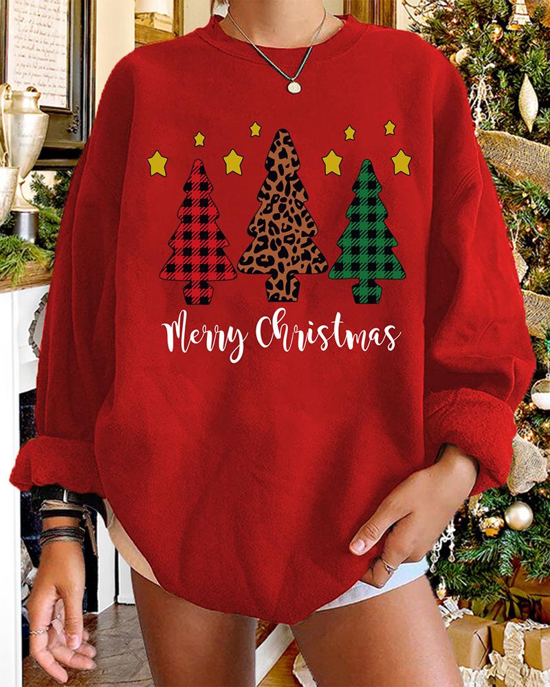 

Christmas Long Sleeve Letter Tree Cheetah Plaid Print Sweatshirt, Red
