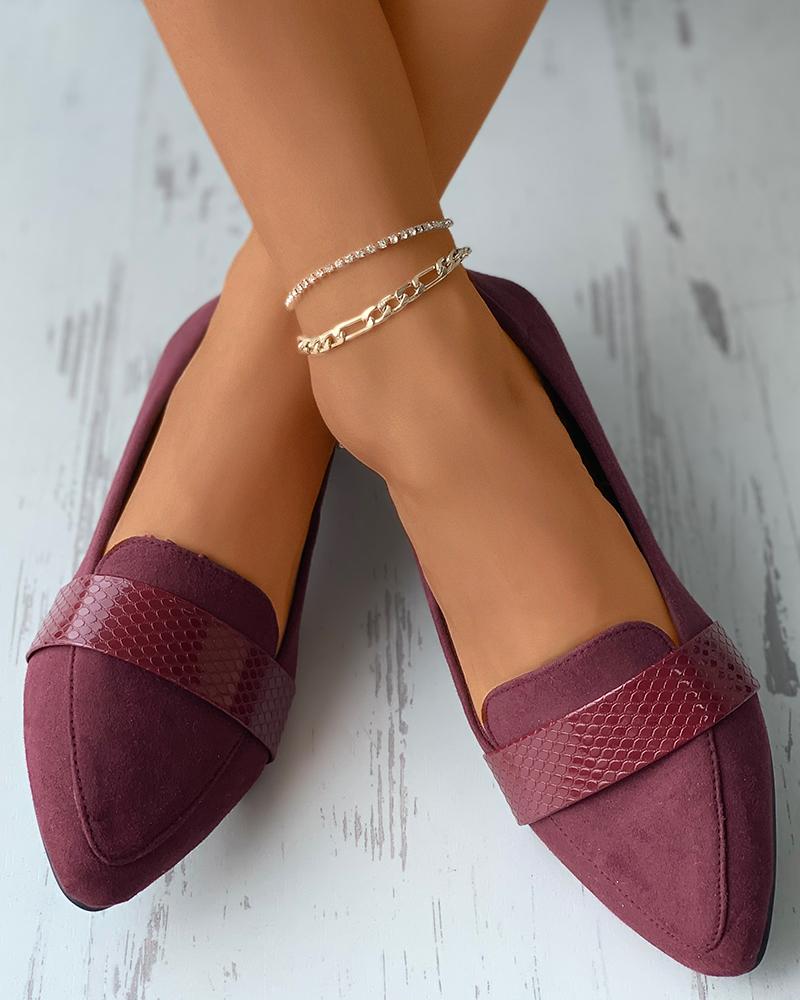 

Suede Croc Embossed Point Toe Slip On Flats, Wine red