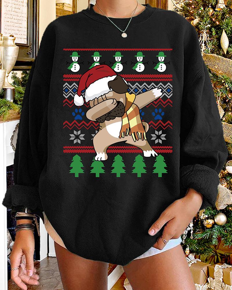 

Christmas Dog Snowman Tree Print Long Sweatshirt, Black