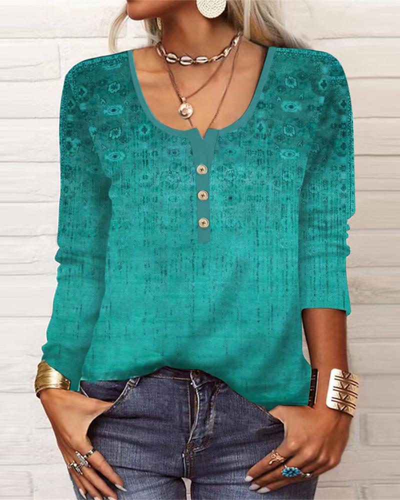 

Graphic Print Button Detail Long Sleeve Top, Green