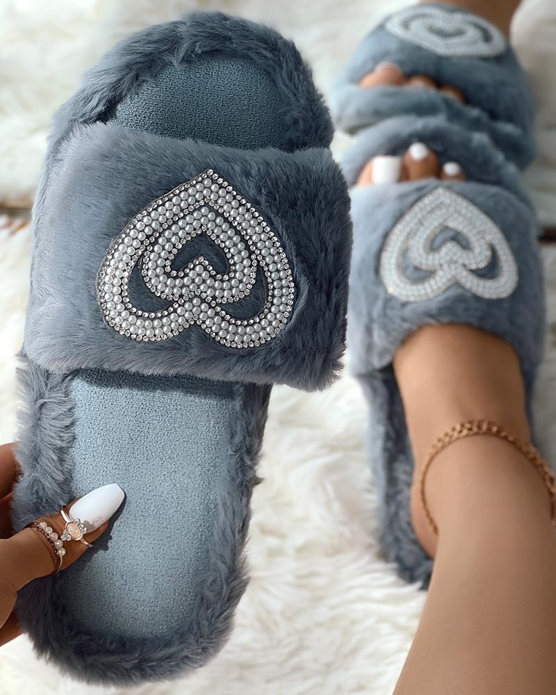 

Rhinestone Heart Pattern Fuzzy Slippers, Gray