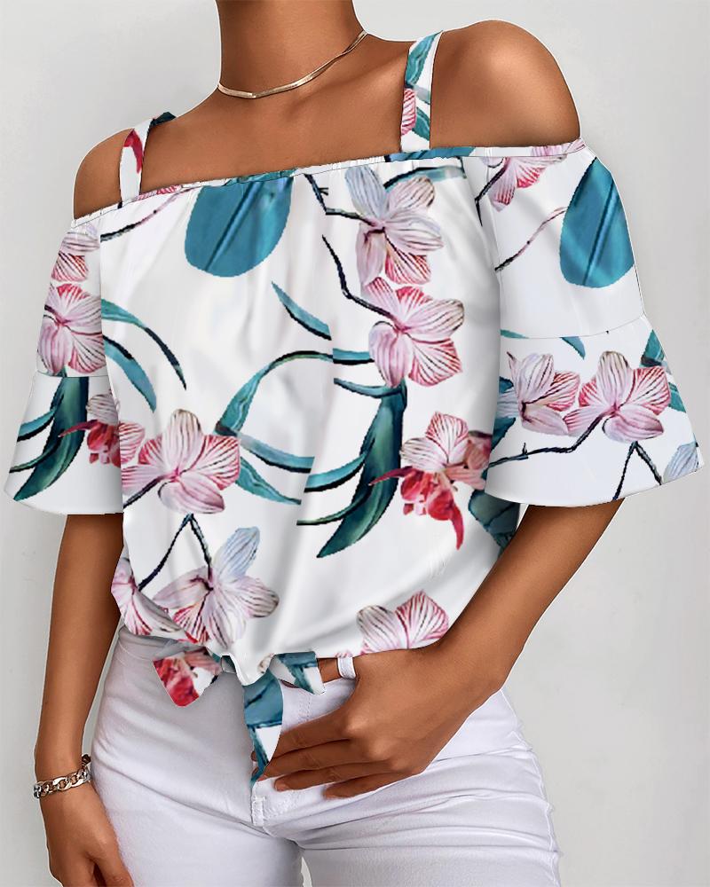 

Cold Shoulder Floral Print Tie Front Bell Sleeve Blouse, White