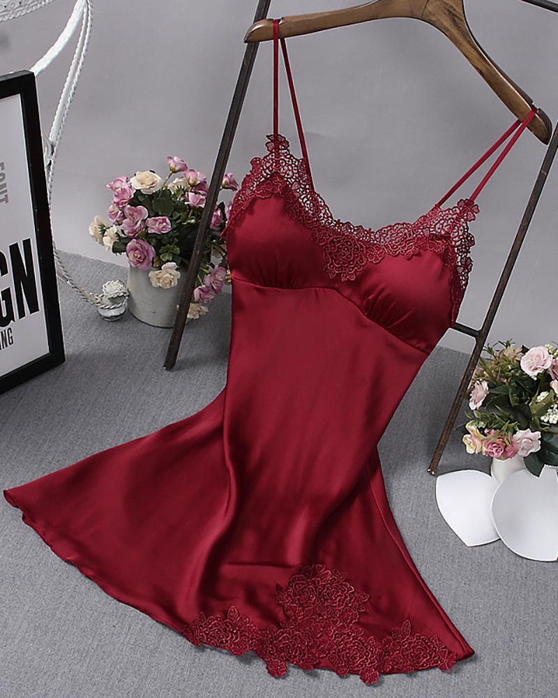 

Plain Spaghetti Strap Lace Trim Babydoll, Wine red