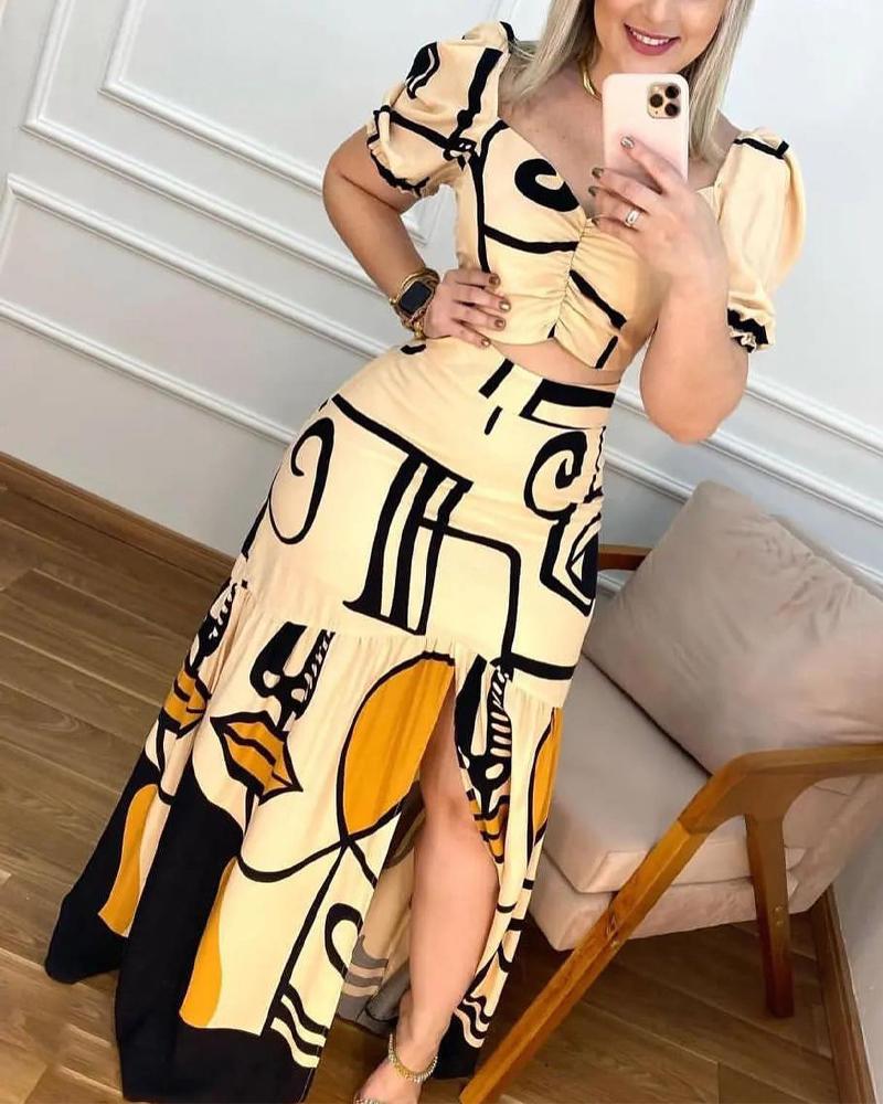 

Abstract Figure Print Puff Sleeve Crop Top & Slit Skirt Set, Apricot