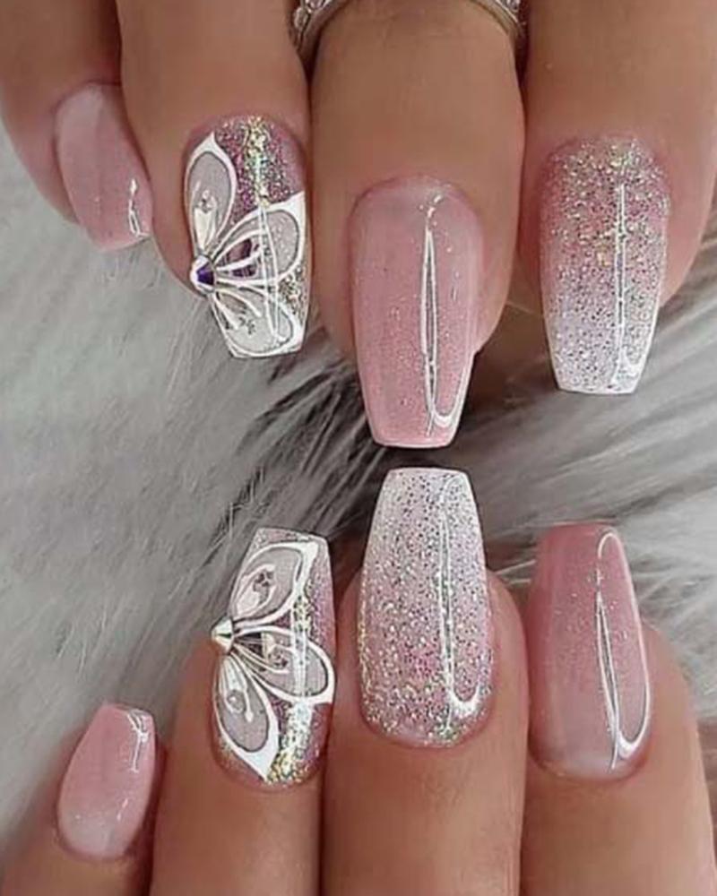 

24pcs Glitter Pink Floral Press On Glossy Fake Coffin Nails Set, White