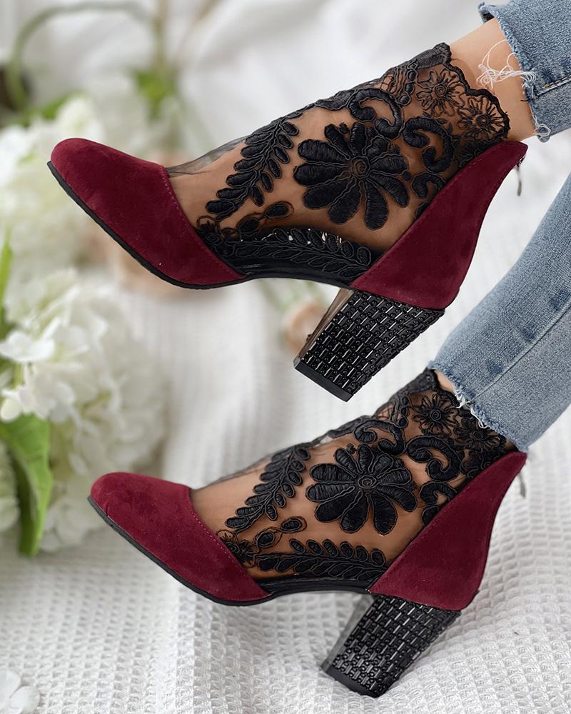 

Sheer Mesh Floral Pattern Chunky Pumps, Wine red