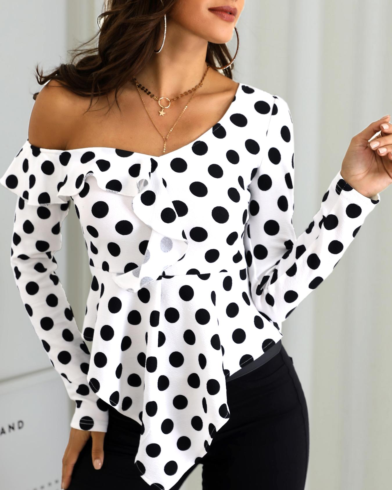 

Dots Ruffle Detail Long Sleeve Top, White