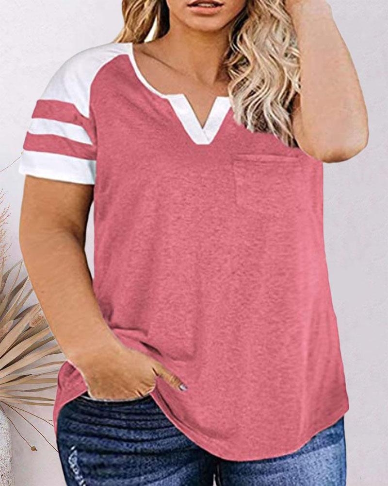 

Plus Size Contrast Paneled Pocket Design Casual T-shirt, Pink