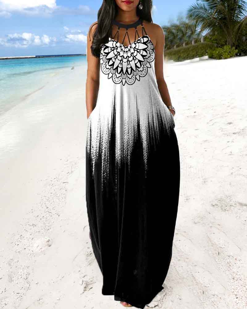 

Tribal Print Hollow Out Halter Maxi Dress, White