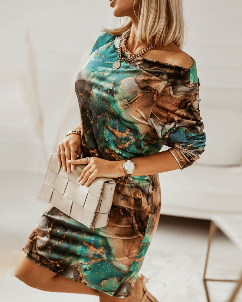 

Marble Print Long Sleeve Velvet Bodycon Dress, Green