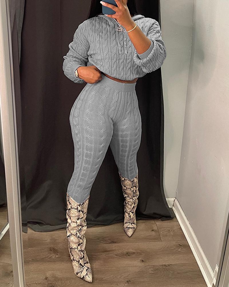 

Long Sleeve Cable Knit Hooded Sweater & Pants Set, Gray