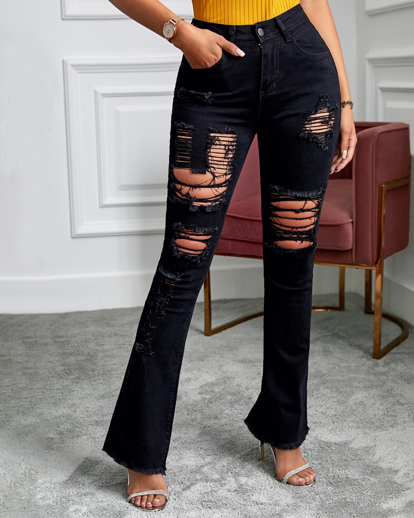 

High Waist Pocket Bell-Bottom Destroyed Jeans, Black