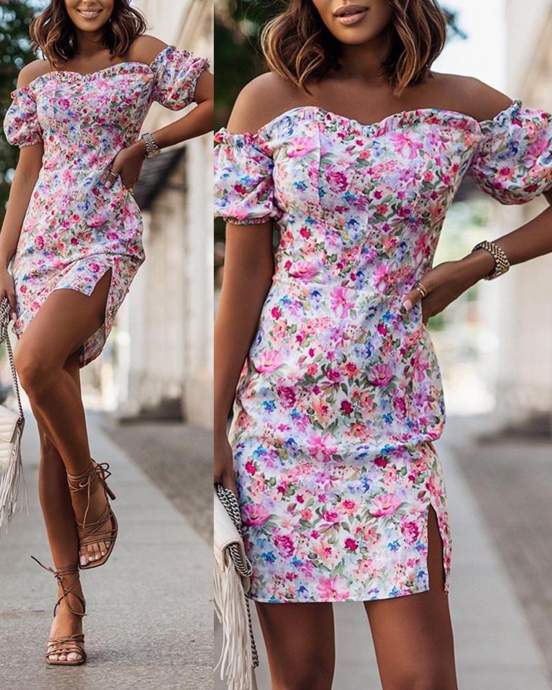 

Off Shoulder Frill Hem Floral Print Dress, Purple