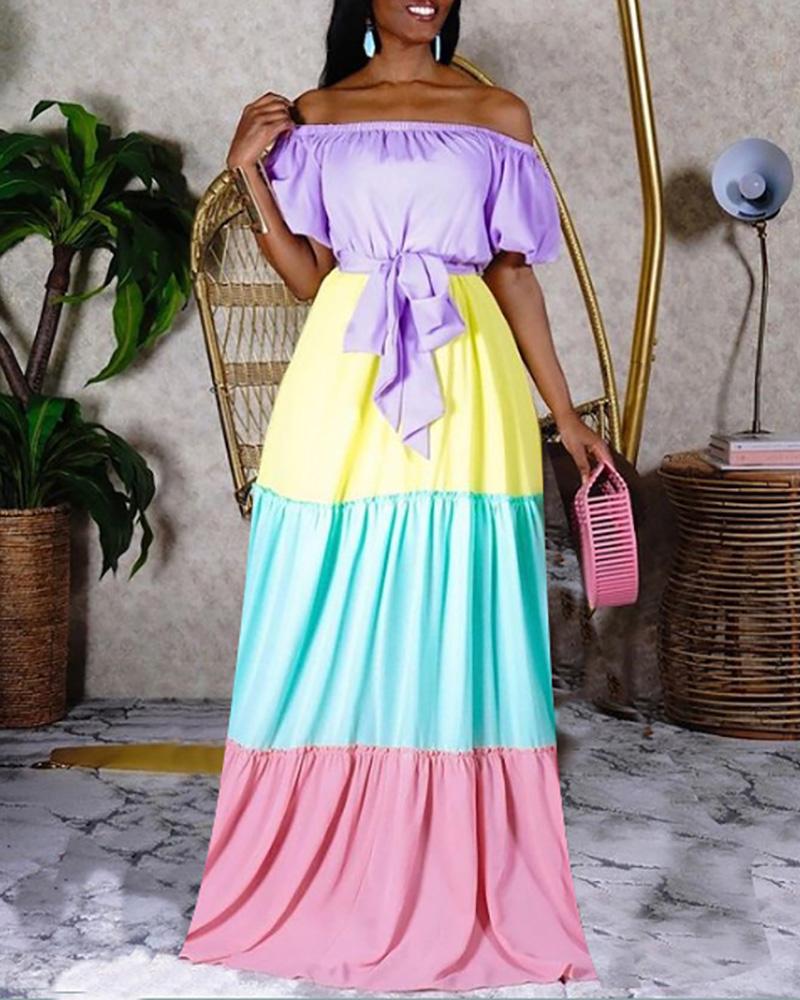 

Colorblock Lantern Sleeve Maxi Dress With Belt, Purple