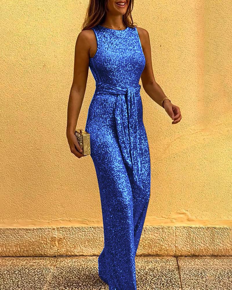 

Glitter Round Neck Sleeveless Backless Sequins Jumpsuit, Blue