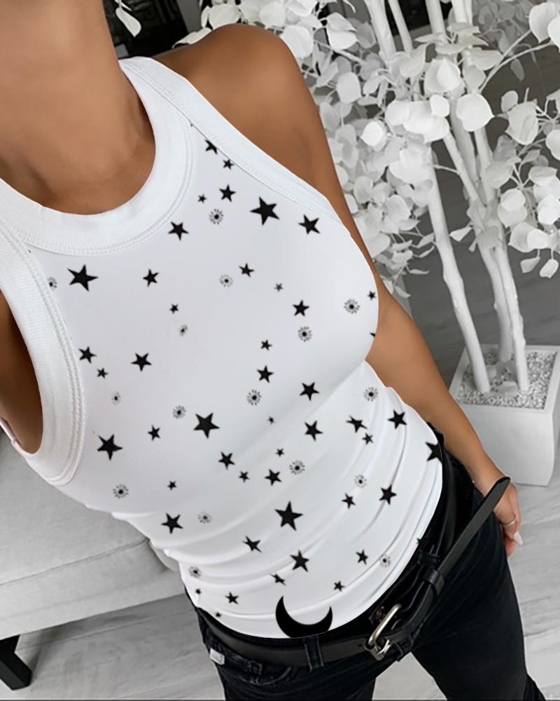 

Summer Sleeveless Basic Cami Top Shirt Slim Knit Ribbed Racerback Blouses Star Print Tank Tops, White