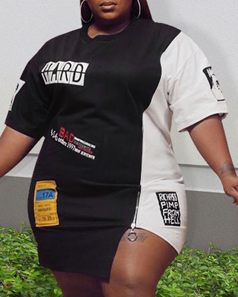 

Plus Size Letter Print Colorblock Asymmetrical Casual Dress, Blackwhite